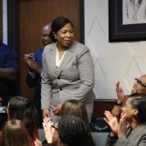 "Dr. Monique Felder receiving applause after her appointment as MCPS interim superintendent during Board of Education meeting Tuesday Feb. 6, 2024" (Montgomery Community Media/Tommy Tucker)